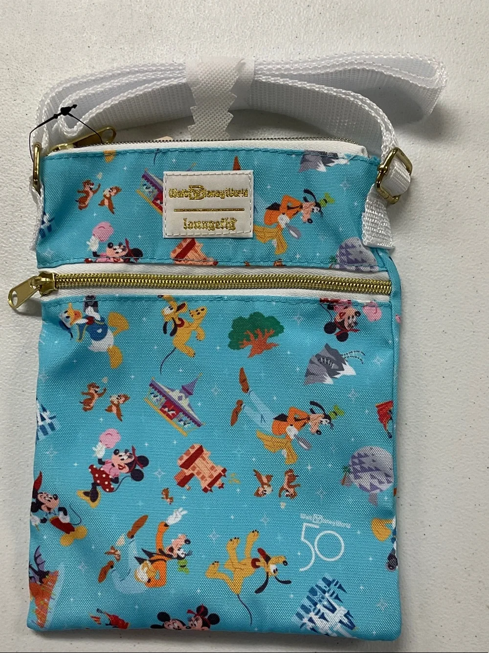Loungefly 50 th Disney Character Crossbody Bag with White Strap